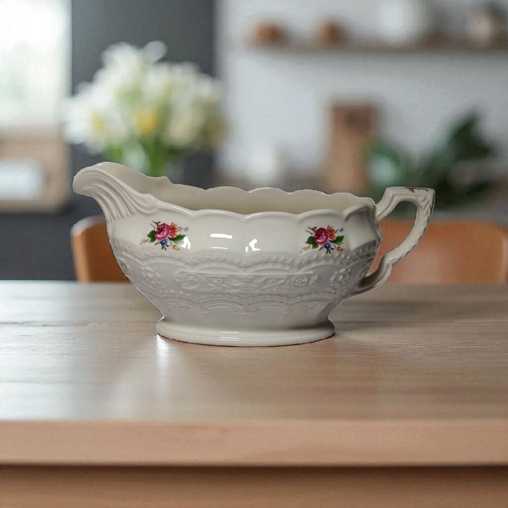 Rare 1940s The Edwin M. Knowles China Co Victorian Floral Gravy Boat 7.4" x 3.4"